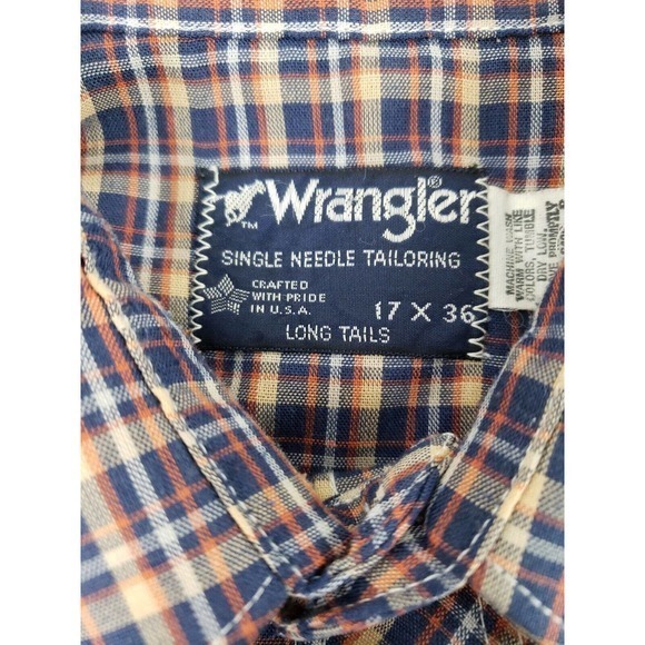 Vintage Wrangler Long Tail Pearl Snap Plaid Men Multicolor Sz 17X36 Made In USA - Picture 12 of 16